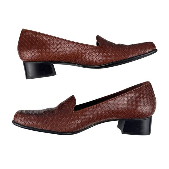 Trotters Woven Loafer Womens 8M Brown Leather Shoe Slip On Block Heel Career - Picture 1 of 16